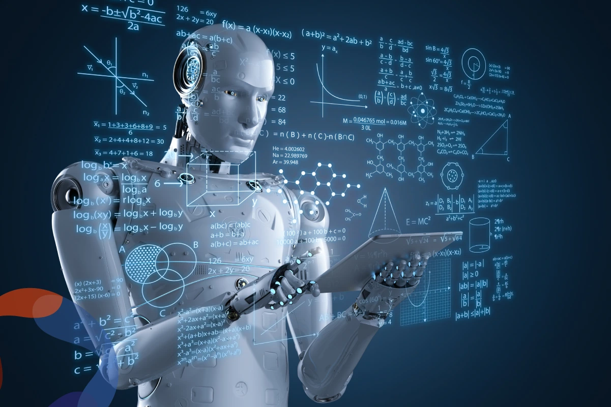 Robot de inteligencia artificial analizando datos financieros y fórmulas matemáticas para optimizar finanzas personales y presupuestos, ilustrando el uso de la IA para la salud financiera en México