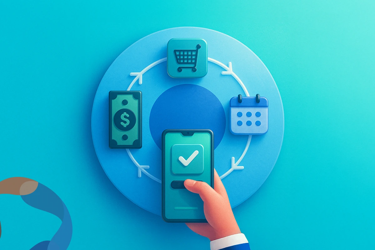 Ilustración de pago digital desde un celular con iconos de dinero, calendario y carrito de compra